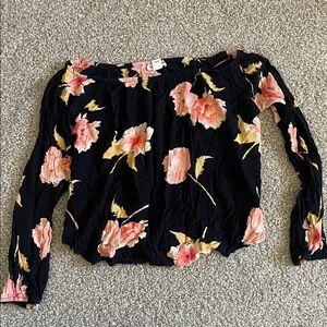 Billabong Black Off-Shoulder Floral Blouse with Pink and Yellow Blooms